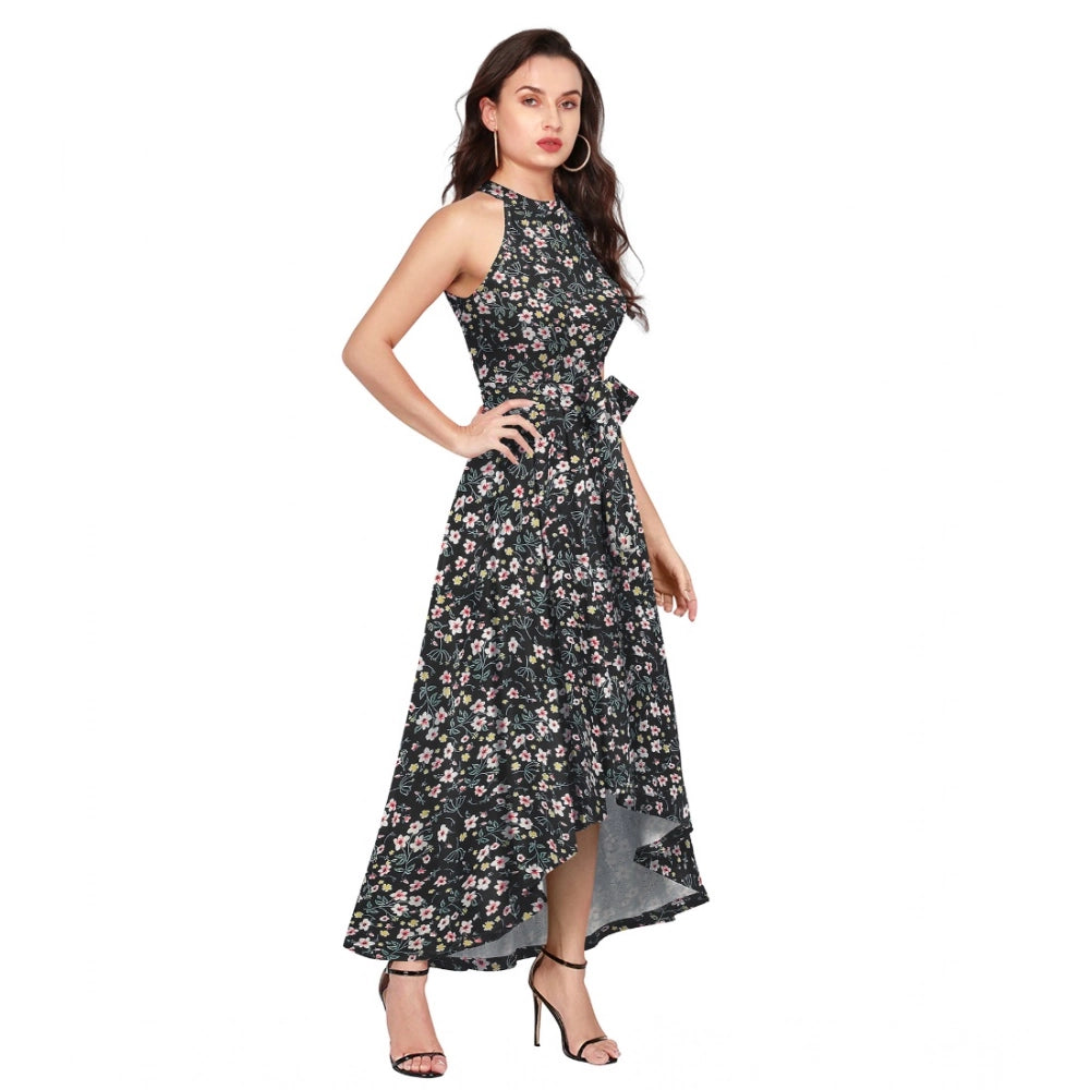 Women's Polyester Printed Halter Neck Sleeveless Dress (Black)
