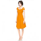 Women's Polyester Solid V Neck Cap Sleeve off Shoulder Dress (Yellow)