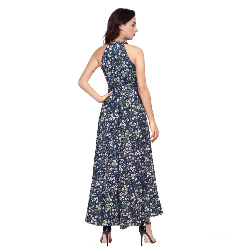 Women's Polyester Printed Halter Neck Sleeveless Dress (Blue)