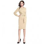 Women's Knitting stretchable Solid Round Neck Full Sleeve Dress (Beige )