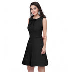 Women's Polyester Solid Round Neck Sleeveless Dress (Black)