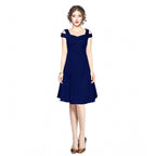 Women's Polyester Solid V Neck Cap Sleeve off Shoulder Dress (Blue)