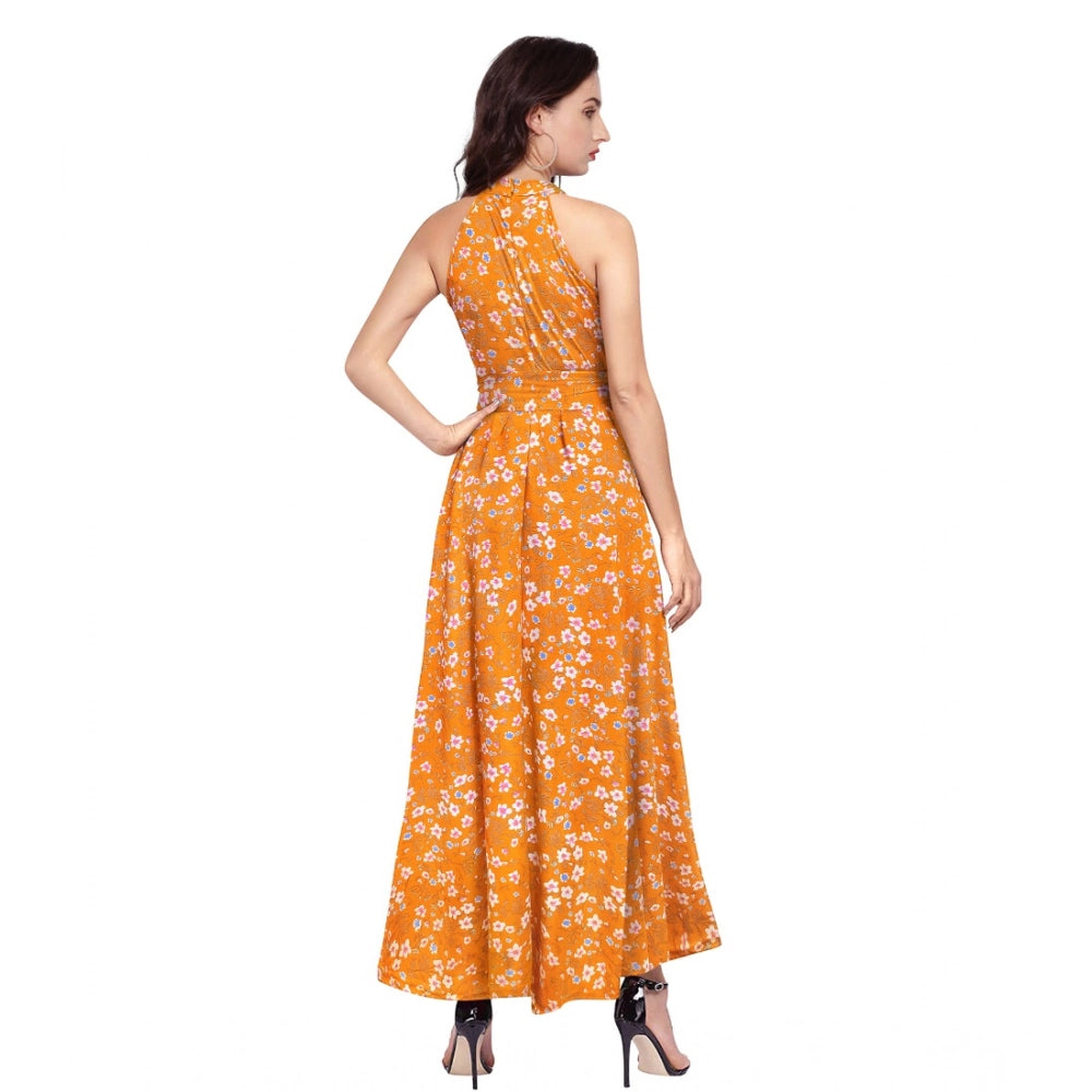 Women's Polyester Printed Halter Neck Sleeveless Dress (Yellow)