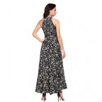 Women's Polyester Printed Halter Neck Sleeveless Dress (Black)