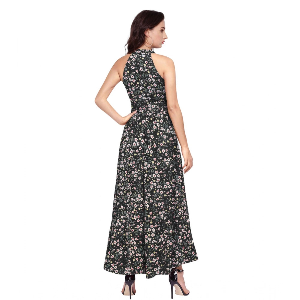 Women's Polyester Printed Halter Neck Sleeveless Dress (Black)