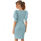 Women's Knitting stretchable Solid Square Neck 3-4 Puff Sleeve Dress (Pista)