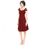 Women's Polyester Solid V Neck Cap Sleeve off Shoulder Dress (Maroon)
