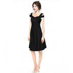 Women's Polyester Solid V Neck Cap Sleeve off Shoulder Dress (Black)