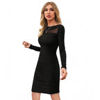 Women's Knitting stretchable Solid Round Neck Full Sleeve Dress (Black)