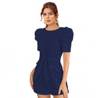 Women's Knitting stretchable Solid Round Neck 3-4 Puff Sleeve Dress (Blue)