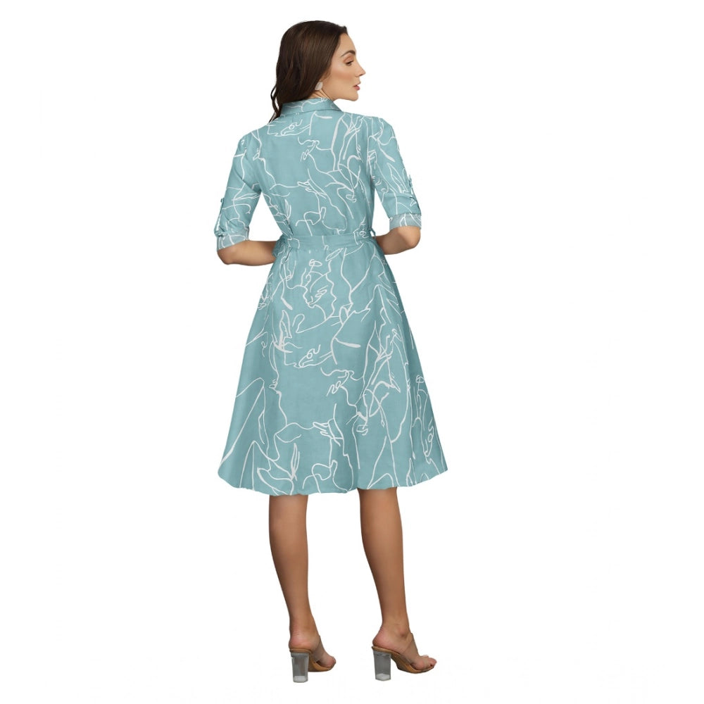 Women's Ruby Cotton Printed Shirt Collar 3-4th Sleeve Dress (Pista)
