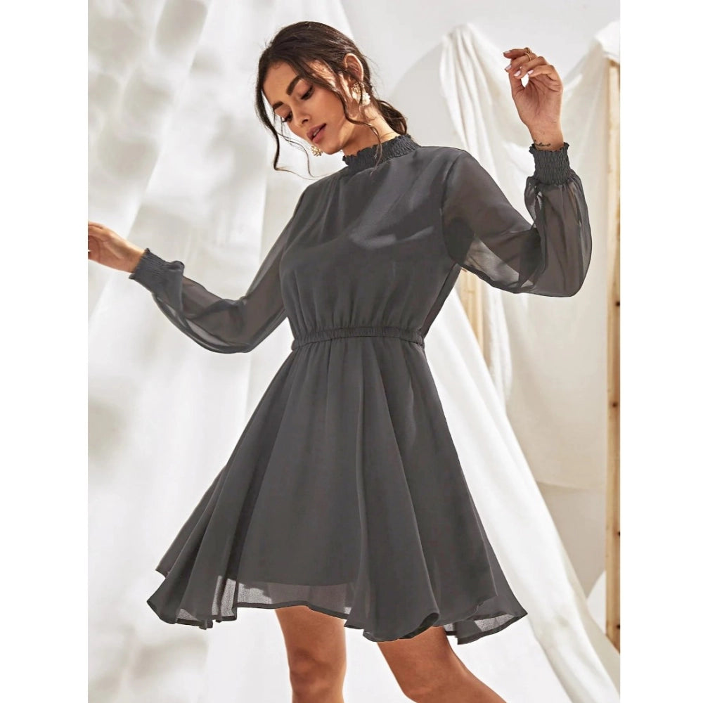 Women's Fox Georgette Solid High Neck Full Sleeve Dress (Grey)
