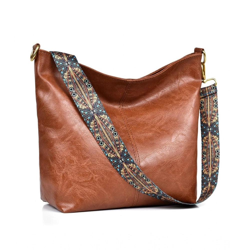 Women's PU Leather Medium Sling bag Zipper Handbag (Brown)