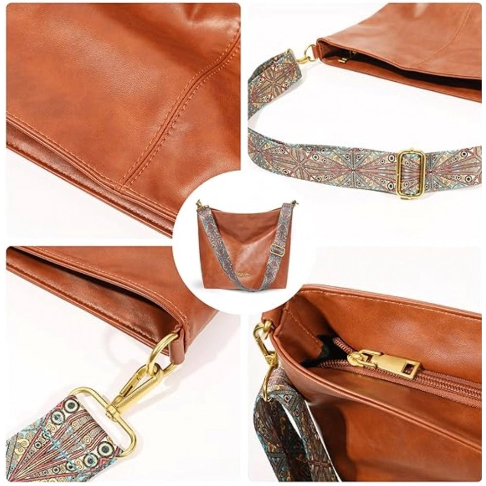 Women's PU Leather Medium Sling bag Zipper Handbag (Brown)