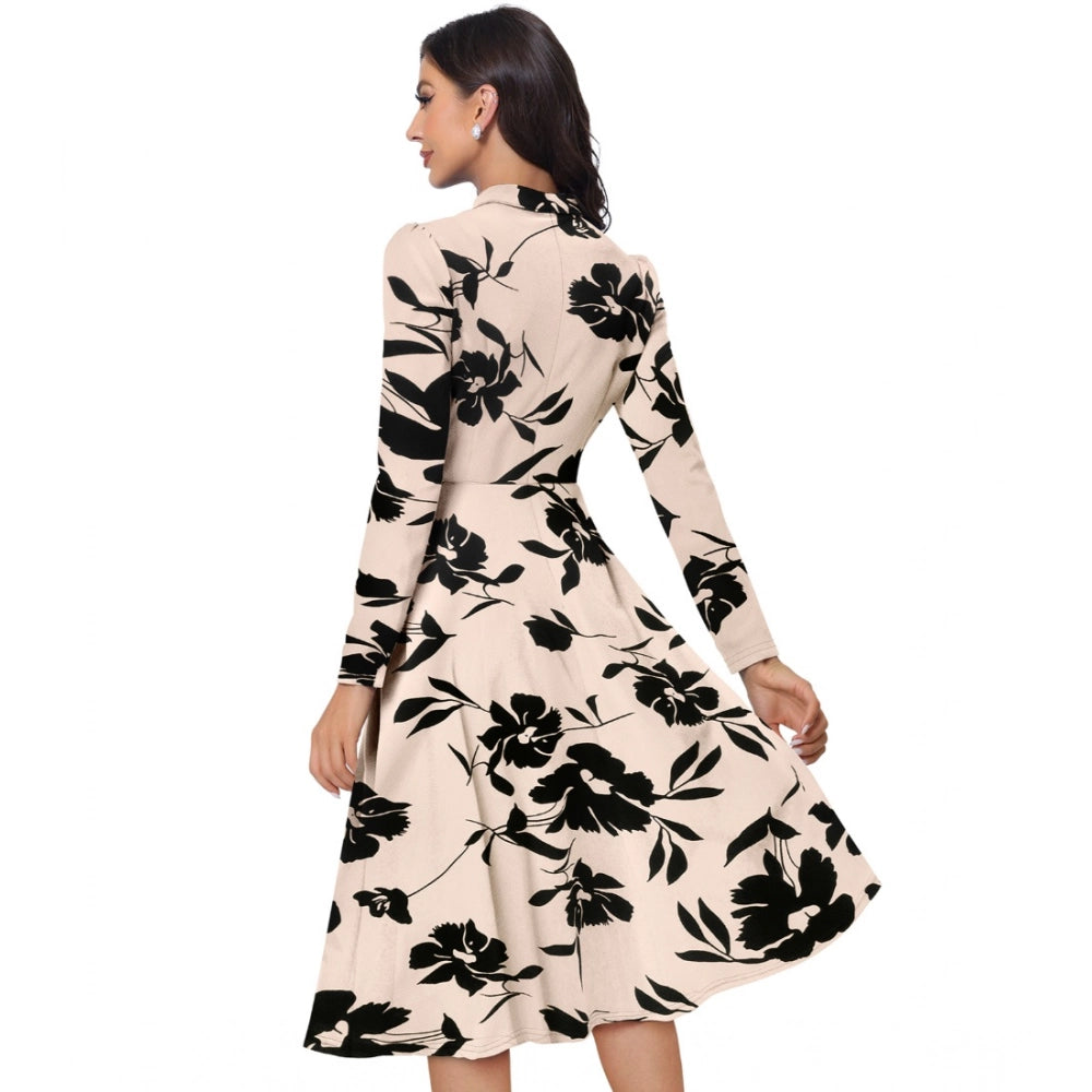 Women's Knitting Printed V-Neck Full Sleeve Dress (Cream)