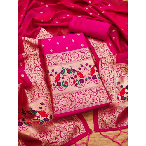 Women's Banarasi Silk Printed Unstitched Salwar Suit Material With Dupatta (Pink, 3Mtrs)