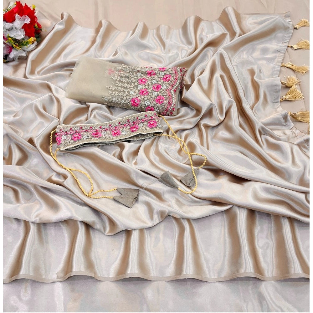 Women's Satin Solid Saree With Unstitched Blouse (Beige, 5-5 Mtrs)