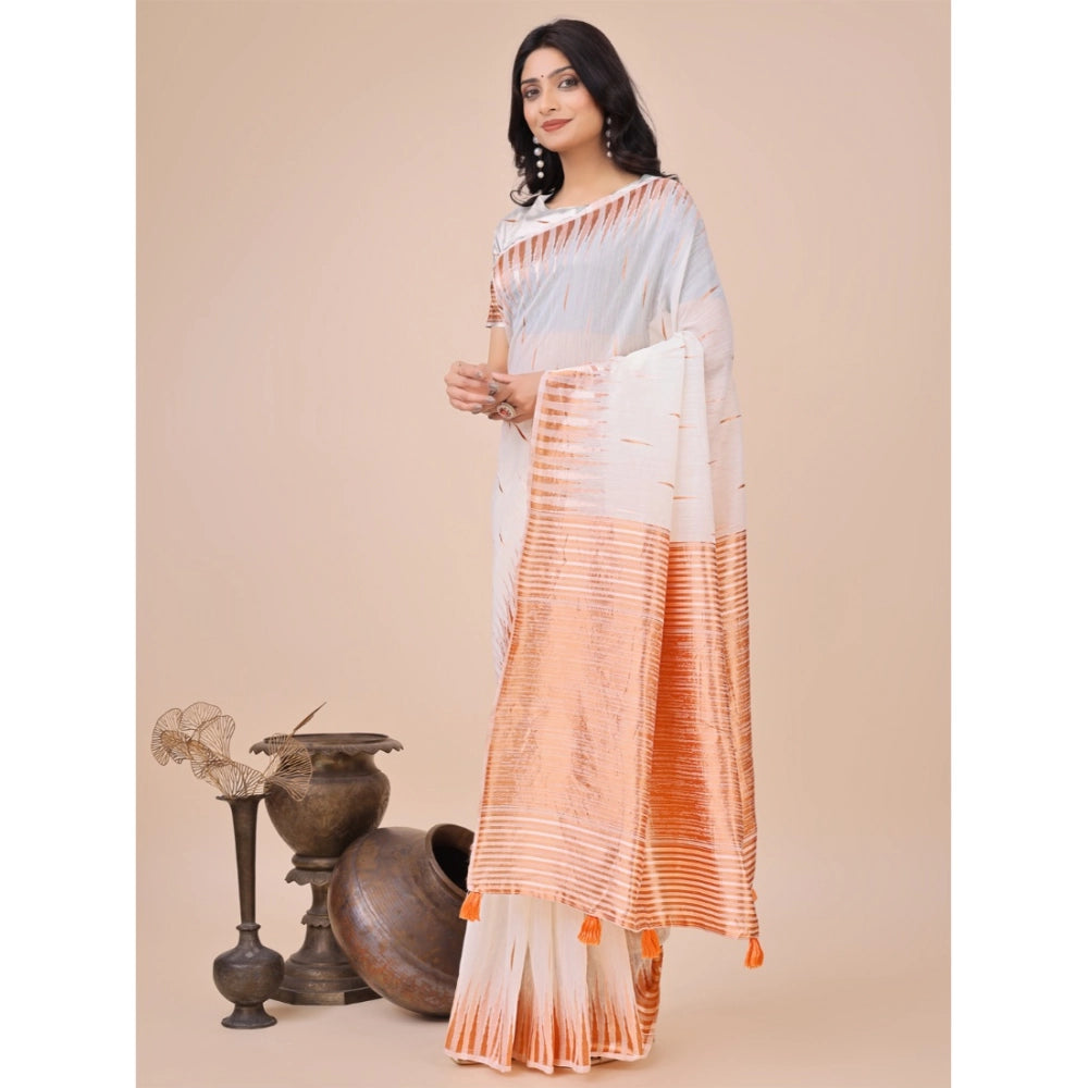 Women's Linen Cotton Printed Saree With Unstitched Blouse 5.5Mtr (White)