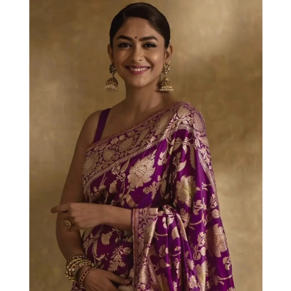 Women's Silk Printed Saree With Unstitched Blouse 5.5Mtr (Purple)