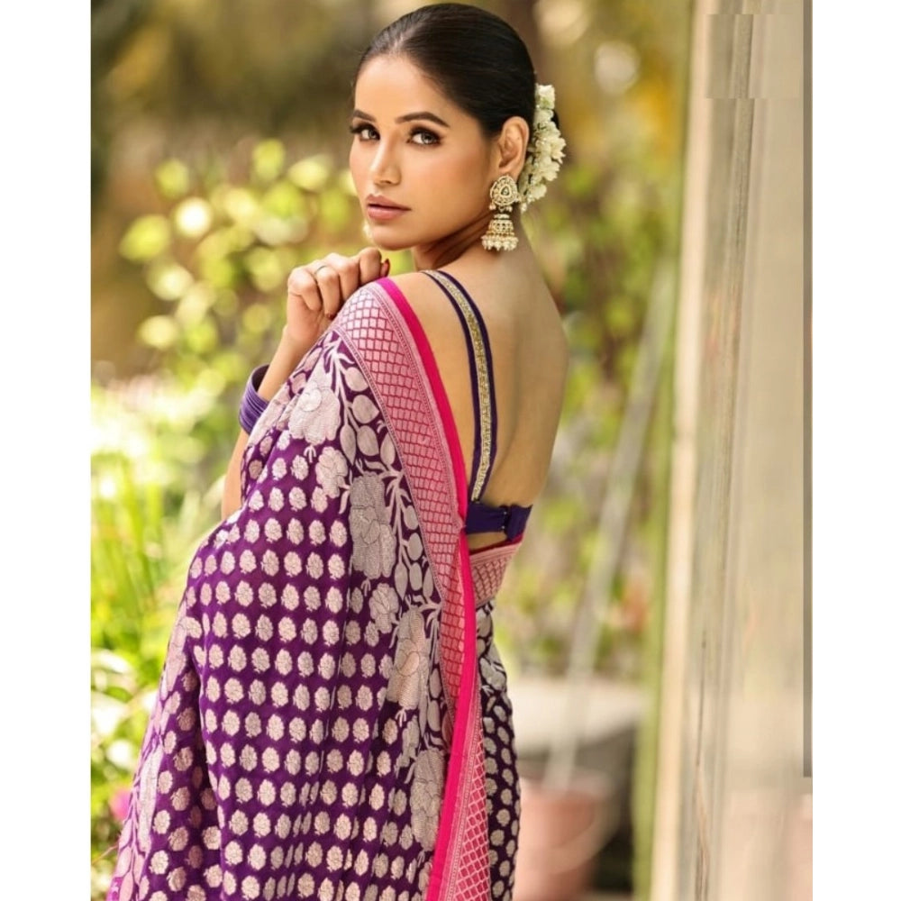 Women's Silk Printed Saree With Unstitched Blouse 5.5Mtr (Purple)