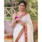 Women's Silk Printed Saree With Unstitched Blouse 5.5Mtr (White)