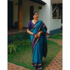 Women's Silk Printed Saree With Unstitched Blouse 5.5Mtr (Blue)