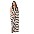 Women's Small Lace Georgette Striped Ready-to-Wear Saree With Unstitched Blouse 5.5 Mtr (Black-White)