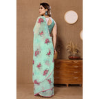 Women's Small Lace Georgette Printed Ready-to-Wear Saree With Unstitched Blouse 5.5 Mtr (Turquoise)