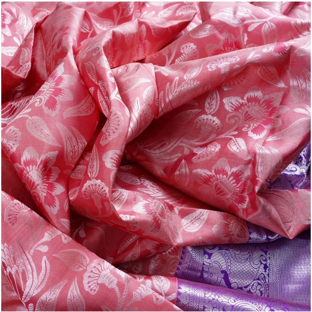 Women's Soft Lichi Silk Printed Saree With Unstitched Blouse 5.5Mtr (Purple)