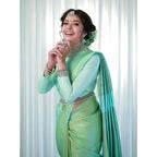 Women's Soft Lichi Silk Printed Saree With Unstitched Blouse 5.5Mtr (Light Green)
