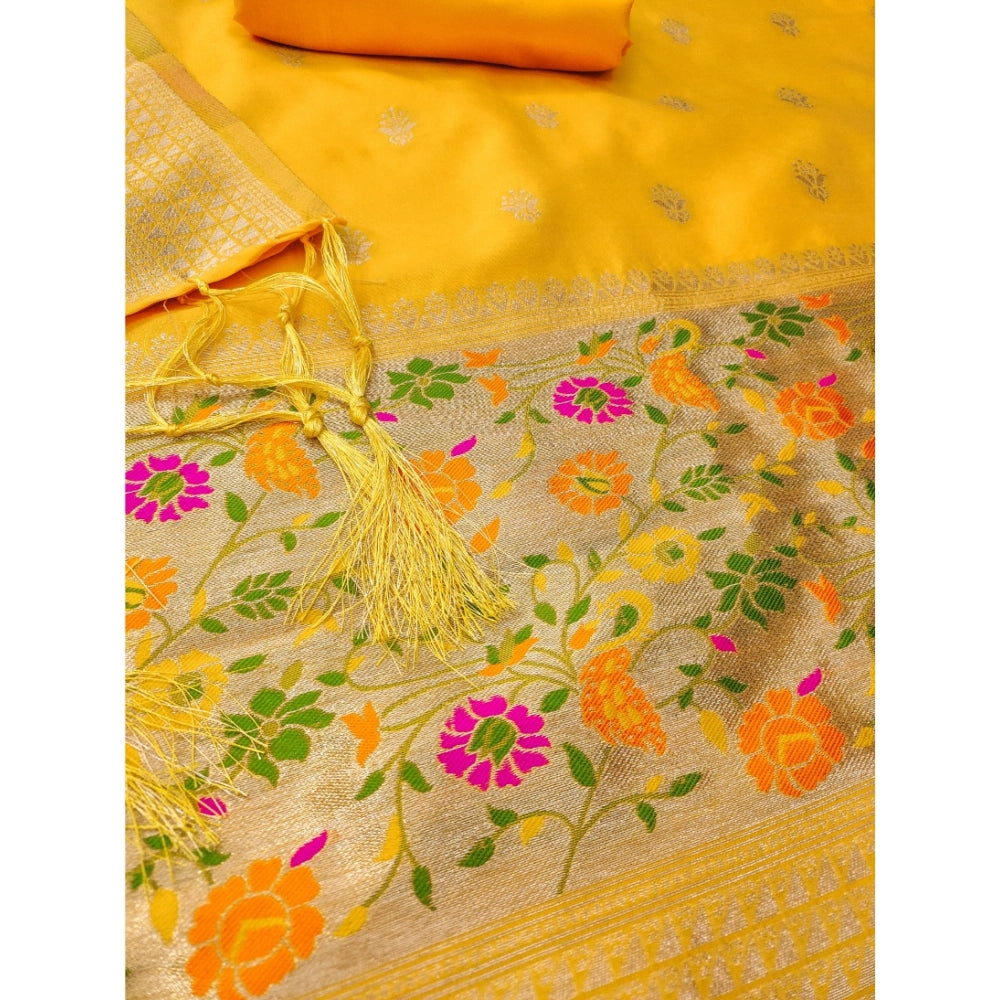 Women's Banarasi Silk Printed Unstitched Salwar Suit Material With Dupatta (Yellow, 3Mtrs)