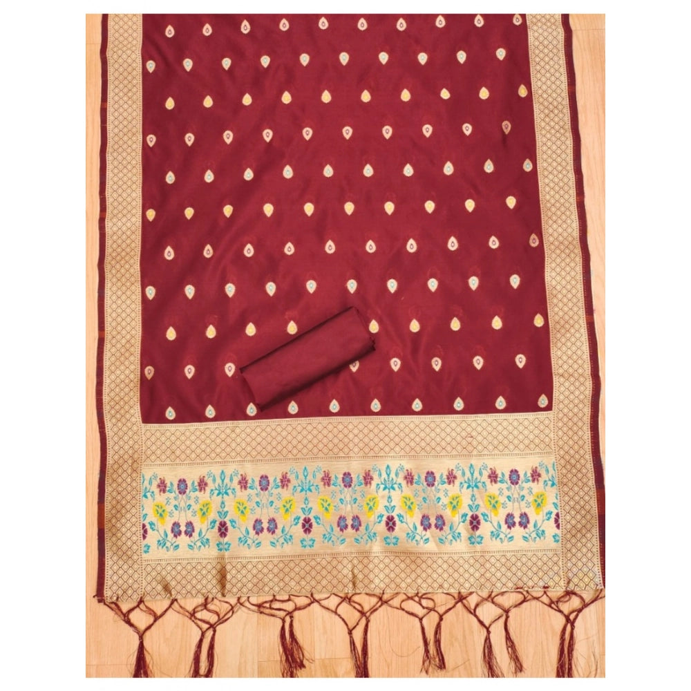 Women's Banarasi Silk Printed Unstitched Salwar Suit Material With Dupatta (Maroon, 3Mtrs)