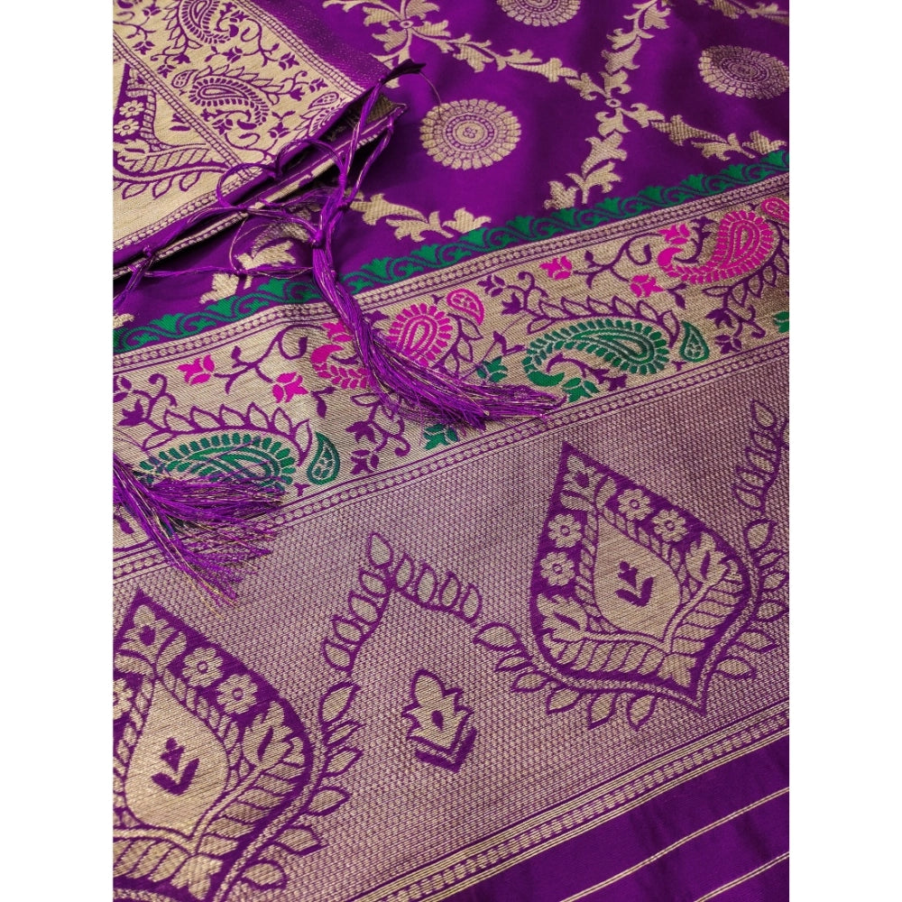 Women's Banarasi Silk Printed Unstitched Salwar Suit Material With Dupatta (Purple, 3Mtrs)