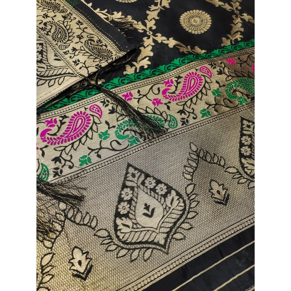 Women's Banarasi Silk Printed Unstitched Salwar Suit Material With Dupatta (Black, 3Mtrs)