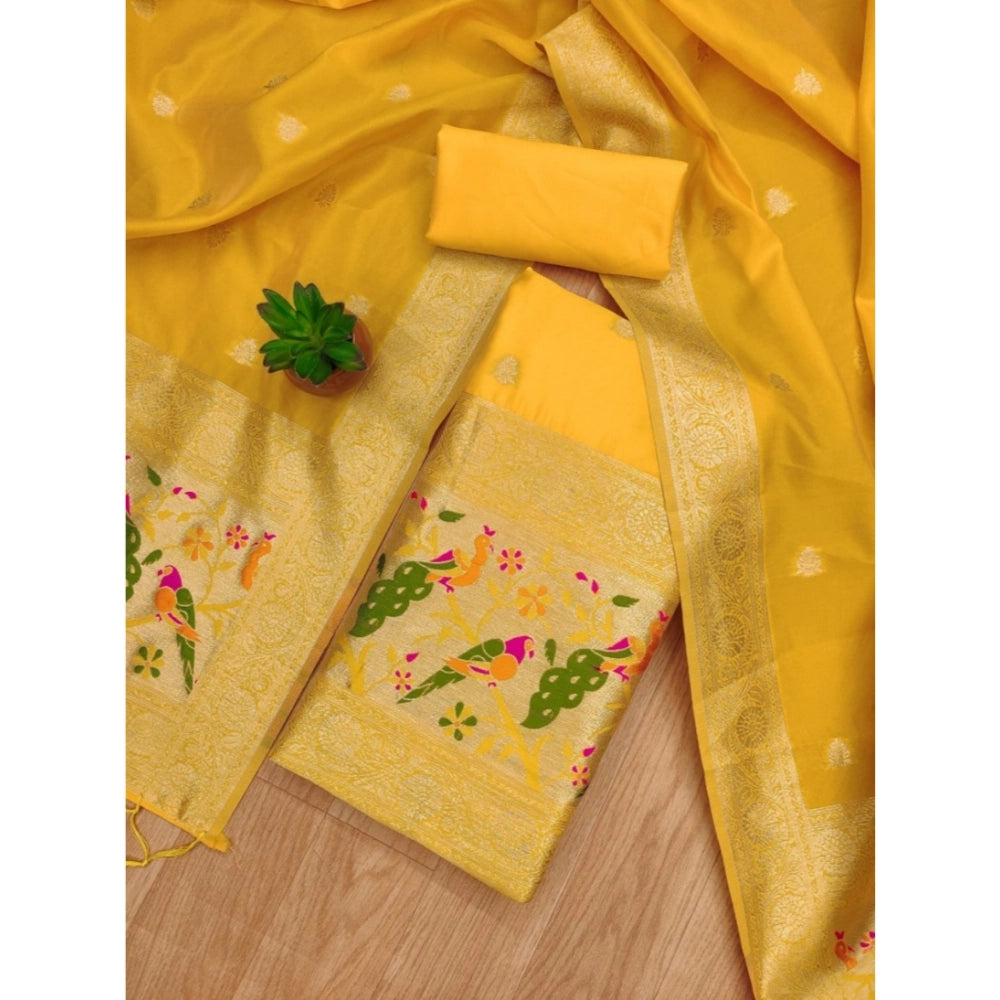 Women's Banarasi Silk Printed Unstitched Salwar Suit Material With Dupatta (Yellow, 3Mtrs)
