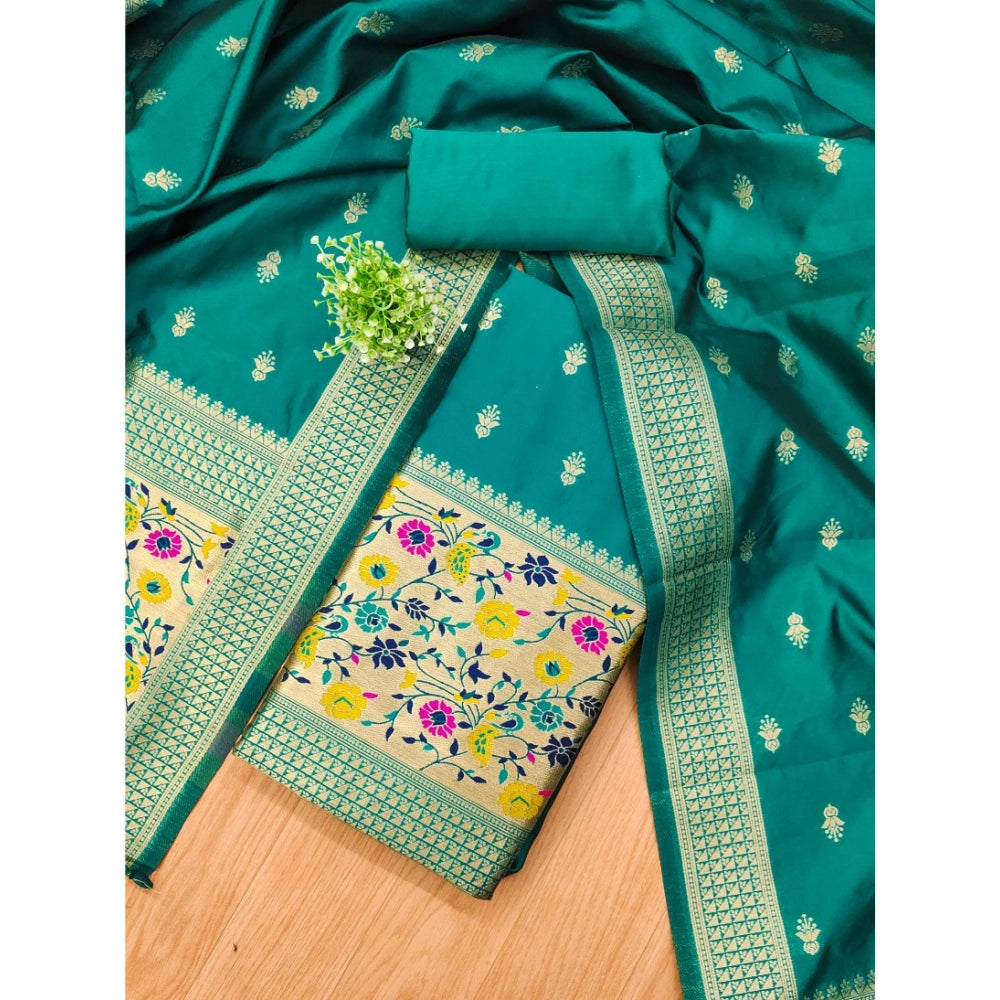 Women's Banarasi Silk Printed Unstitched Salwar Suit Material With Dupatta (Rama, 3Mtrs)