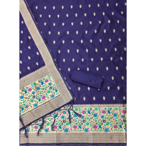 Women's Banarasi Silk Printed Unstitched Salwar Suit Material With Dupatta (Navy Blue, 3Mtrs)