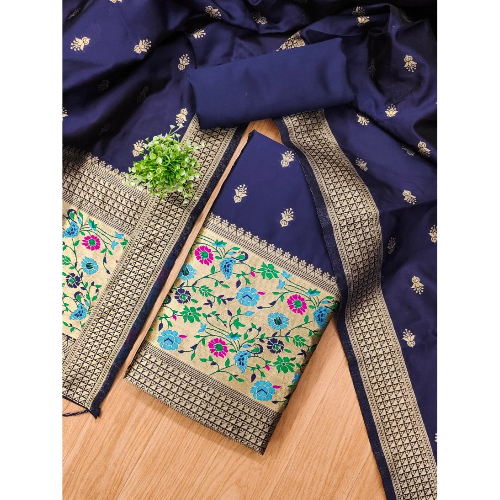 Women's Banarasi Silk Printed Unstitched Salwar Suit Material With Dupatta (Navy Blue, 3Mtrs)