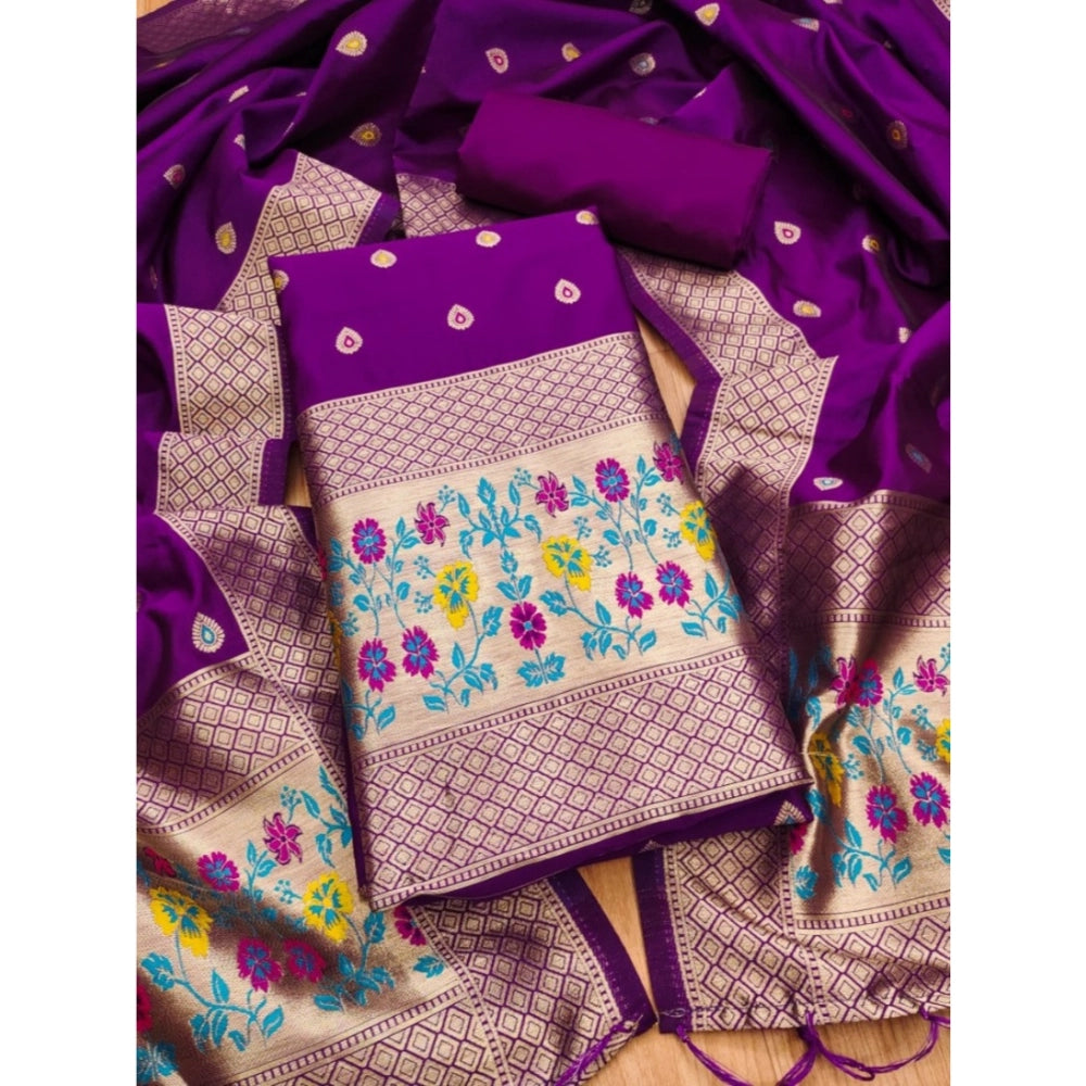Women's Banarasi Silk Printed Unstitched Salwar Suit Material With Dupatta (Purple, 3Mtrs)