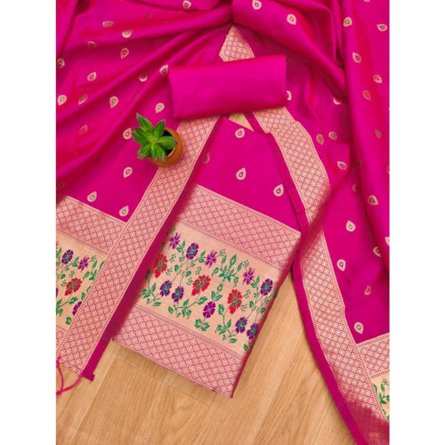 Women's Banarasi Silk Printed Unstitched Salwar Suit Material With Dupatta (Pink, 3Mtrs)