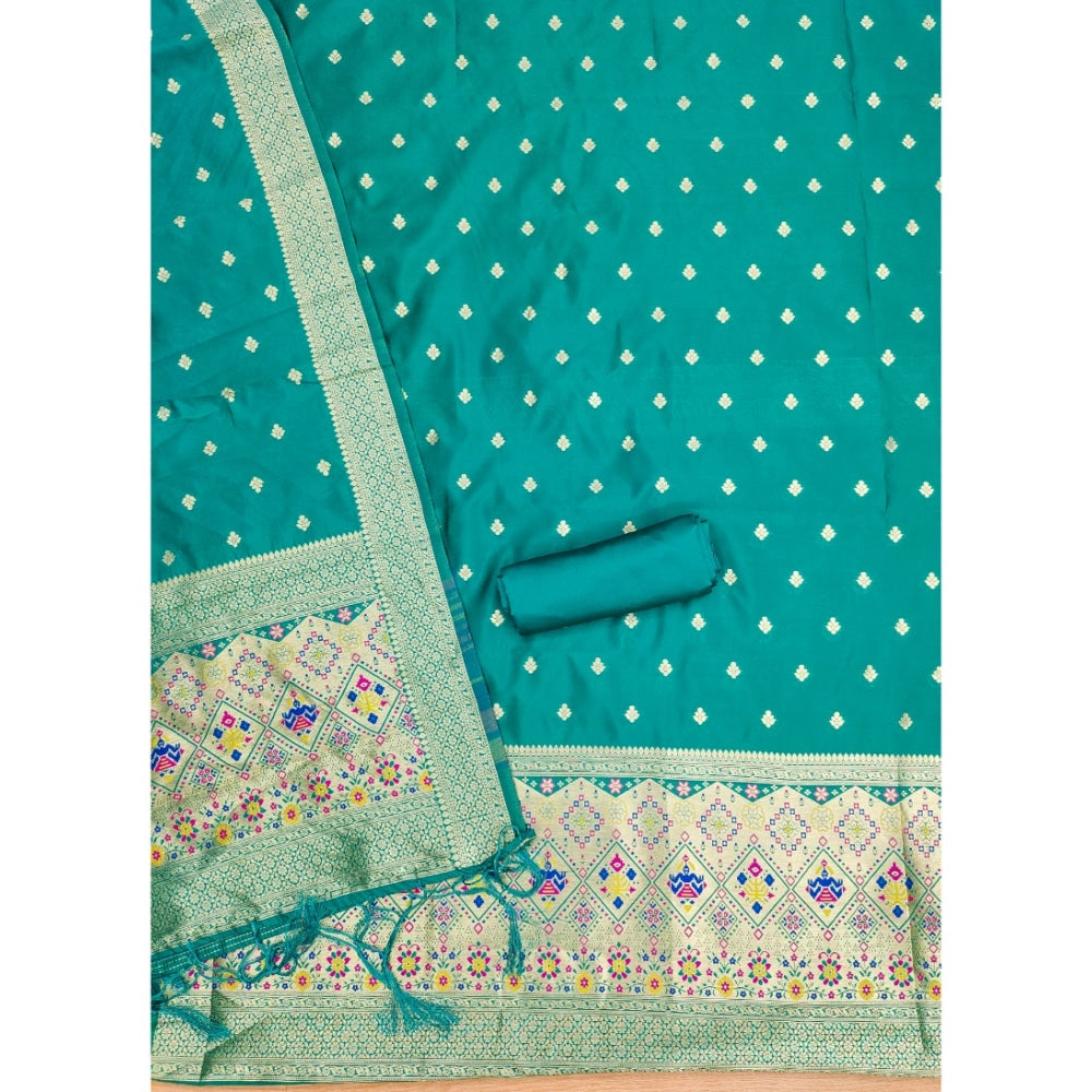 Women's Banarasi Silk Printed Unstitched Salwar Suit Material With Dupatta (Rama, 3Mtrs)