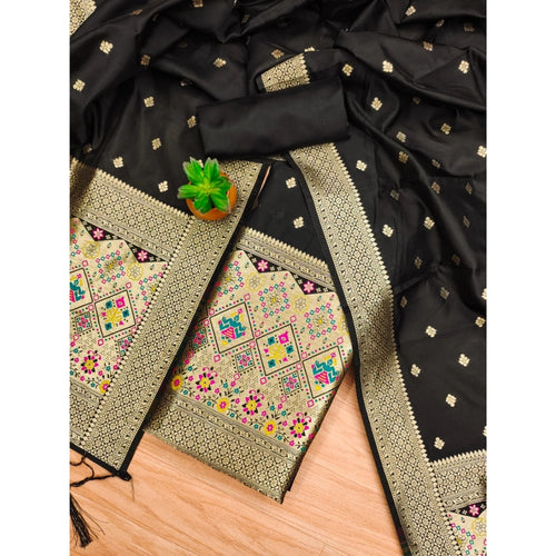 Women's Banarasi Silk Printed Unstitched Salwar Suit Material With Dupatta (Black, 3Mtrs)