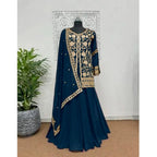 Women's Georgette Embroidery 3-4th Sleeve V-Neck Kurti, Palazzo And Dupatta Set (Morpich)