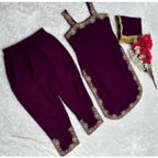Women's Georgette Embroidery Sleeveless Round Neck Kurti, Palazzo And Dupatta Set (Wine)
