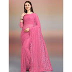 Women's Net Self Design Saree With Unstitched Blouse 5.5Mtr (Dark Pink)