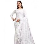 Women's Net Self Design Saree With Unstitched Blouse 5.5Mtr (White)