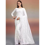 Women's Net Self Design Saree With Unstitched Blouse 5.5Mtr (White)