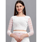Women's Net Self Design Saree With Unstitched Blouse 5.5Mtr (White)