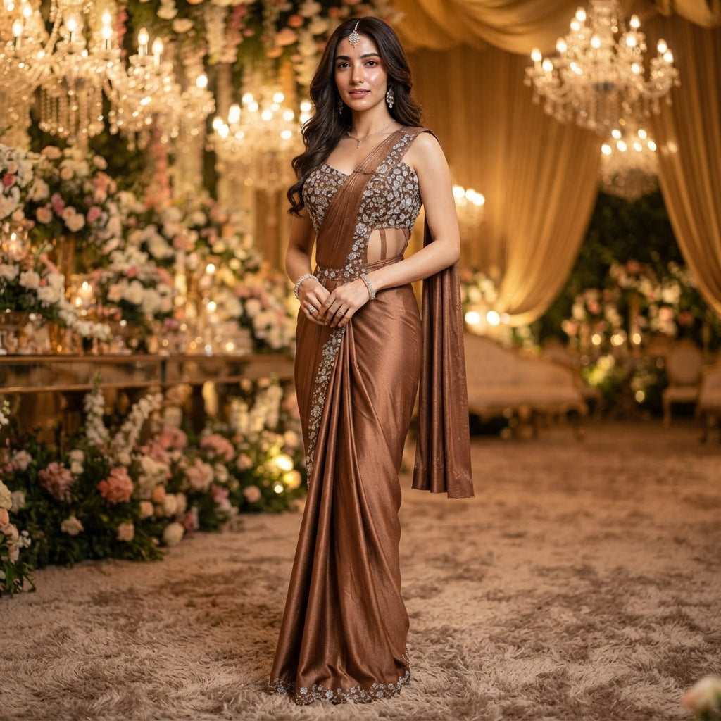 A woman stands in a decorated event hall wearing a metallic bronze sari with a heavily embellished silver and gold embroidered blouse. The background features warm draped curtains, glowing crystal chandeliers, and floral arrangements.