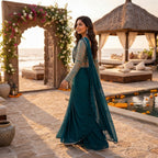 A woman wearing a teal green traditional outfit with intricate silver embroidery stands in a beautifully decorated outdoor setting with a stone archway, ocean view, and a thatched pavilion in the background.